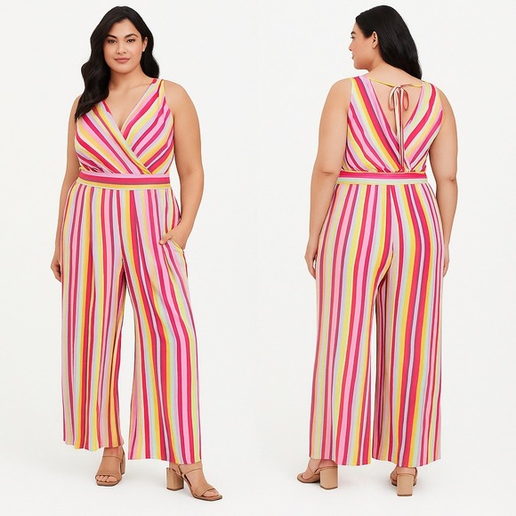Torrid Rainbow Stripe Jumpsuit Plus Size 2 Sleeveless Wide‎ Leg V-Neck Tie Back - Picture 1 of 11